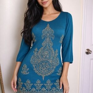 cha cha vente Teal Long Sleeve Dress with Gold Embellishment